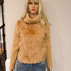 Purim Elegant Camel Turtleneck Sweater with faux fur front
